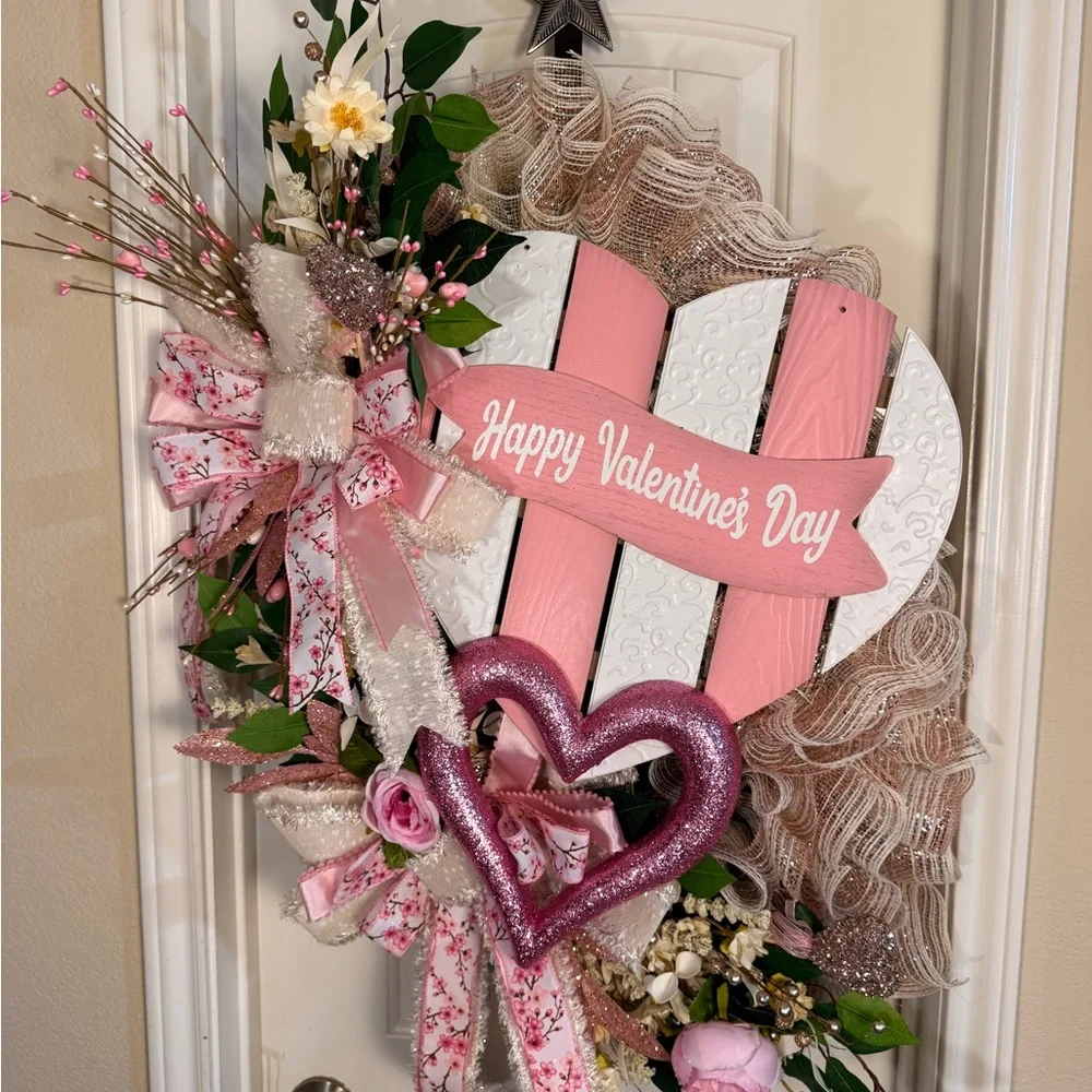 Valentine's Day Heart Wreath with Pink and White Accents